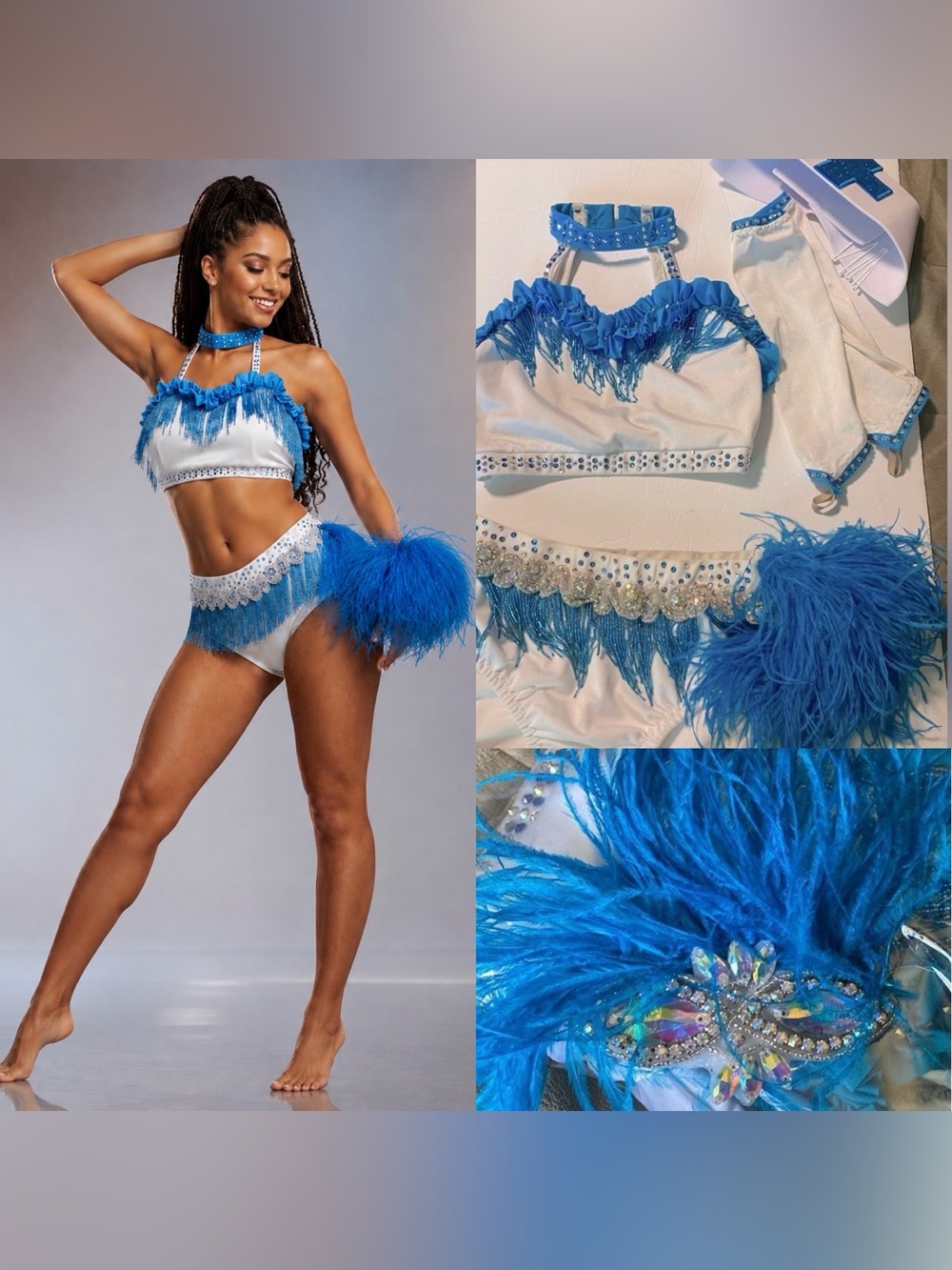 Custom Jazz Dance Costume XSA White Blue Fringe Ostrich Feather Broadway Solo